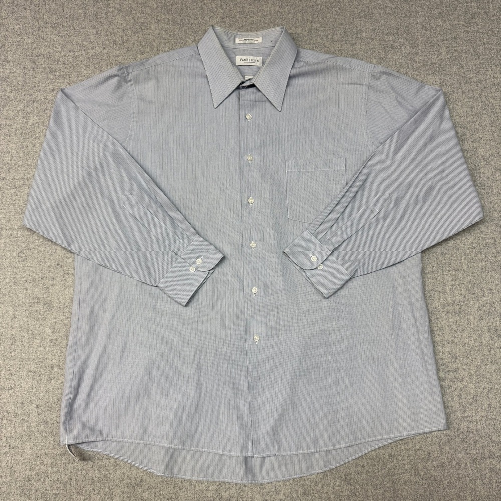 Van Heusen Dress Shirt 17.5 34/35 Blue White Micro Stripe Broadcloth Long Sleeve